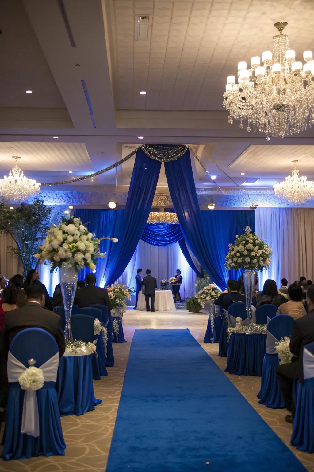 A reception space enhanced with majestic blue decorations.