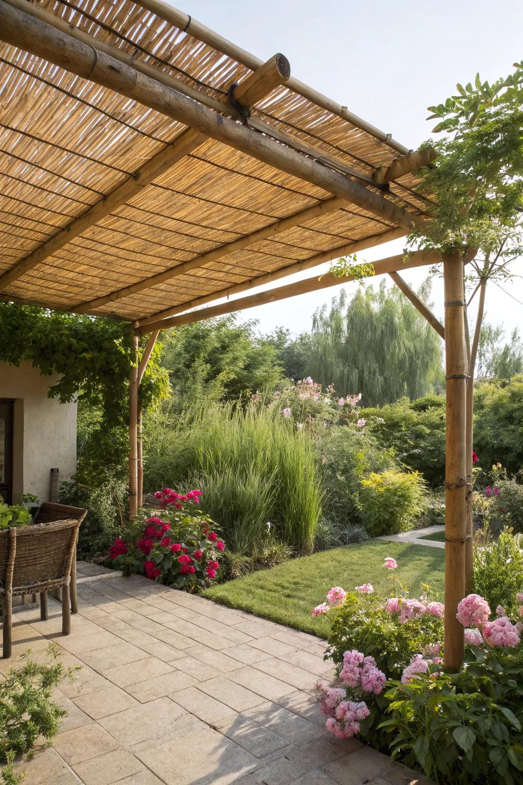 A cane covering imparts a tranquil, tropical sensation.