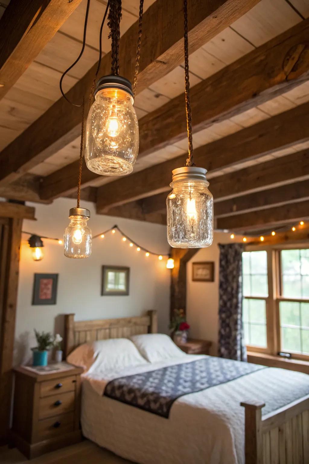 Preserving jar lighting gives a snug, countryside ambiance.