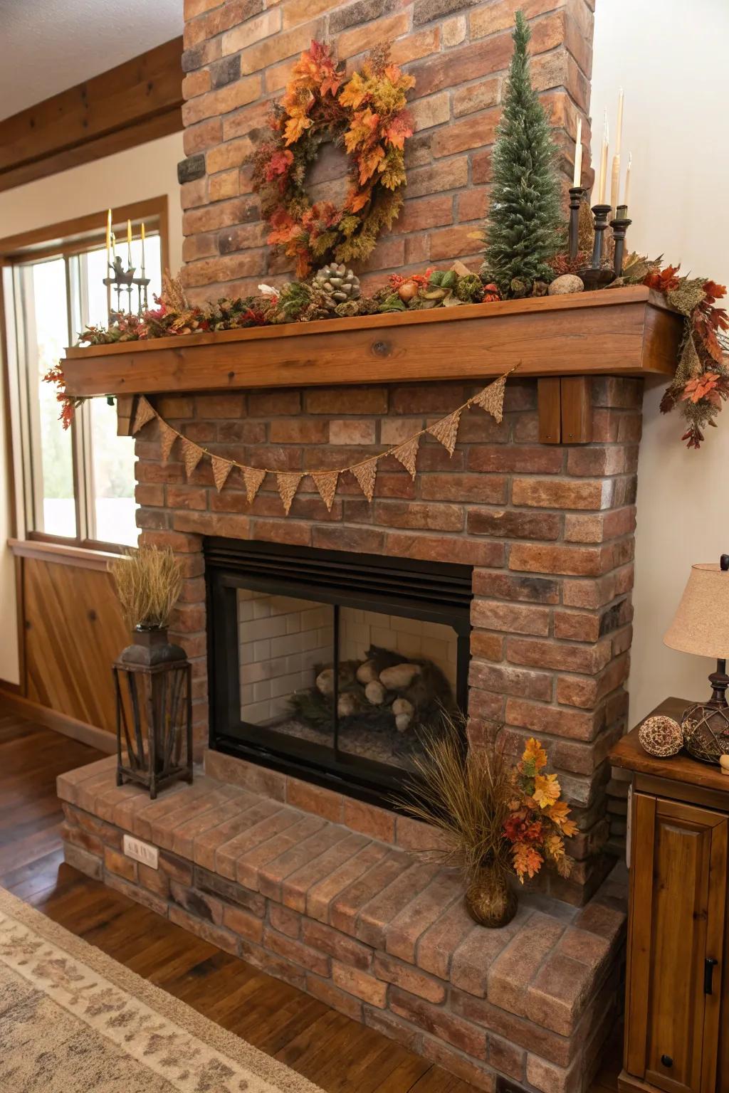 Timber overmantels contribute warmth and charm to rustic brick fireplaces.
