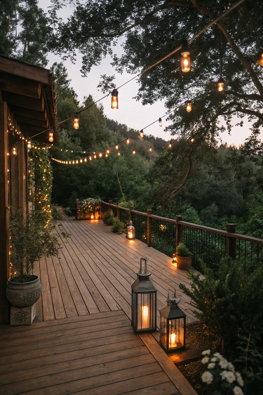 Festoon lights and lanterns add a magical radiance to this countryside deck.