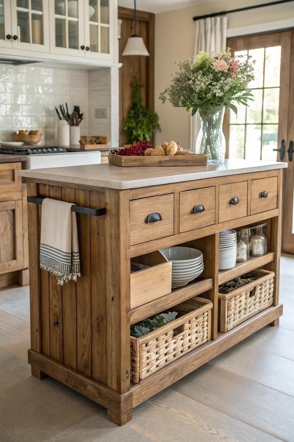 A functional countryside kitchen island featuring integrated drawers and storage solutions.