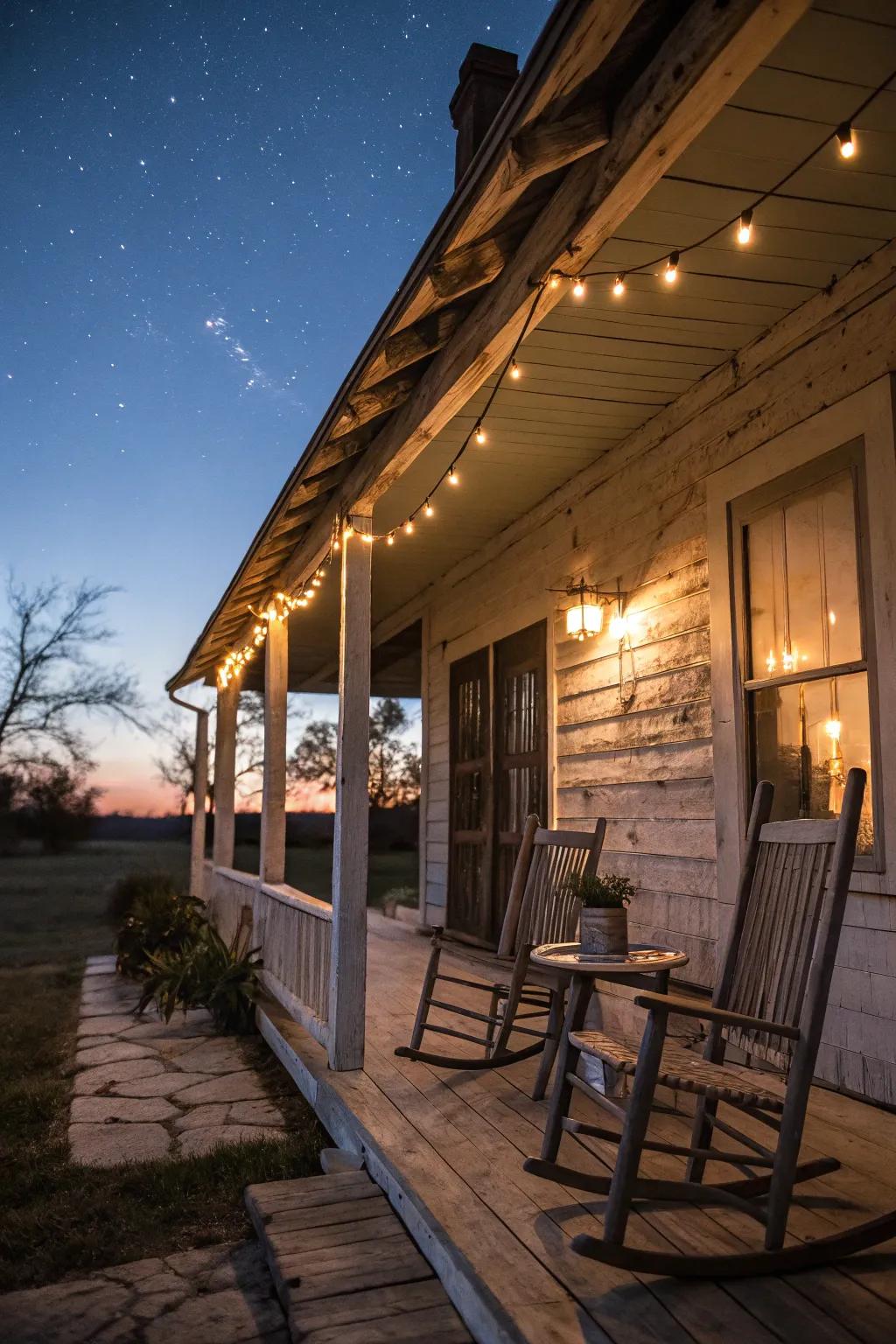 Twinkle illumination brings a magical warmth to this rustic porch.
