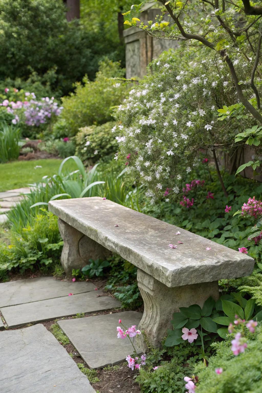 A stone piece seat providing a natural and strong seating choice.