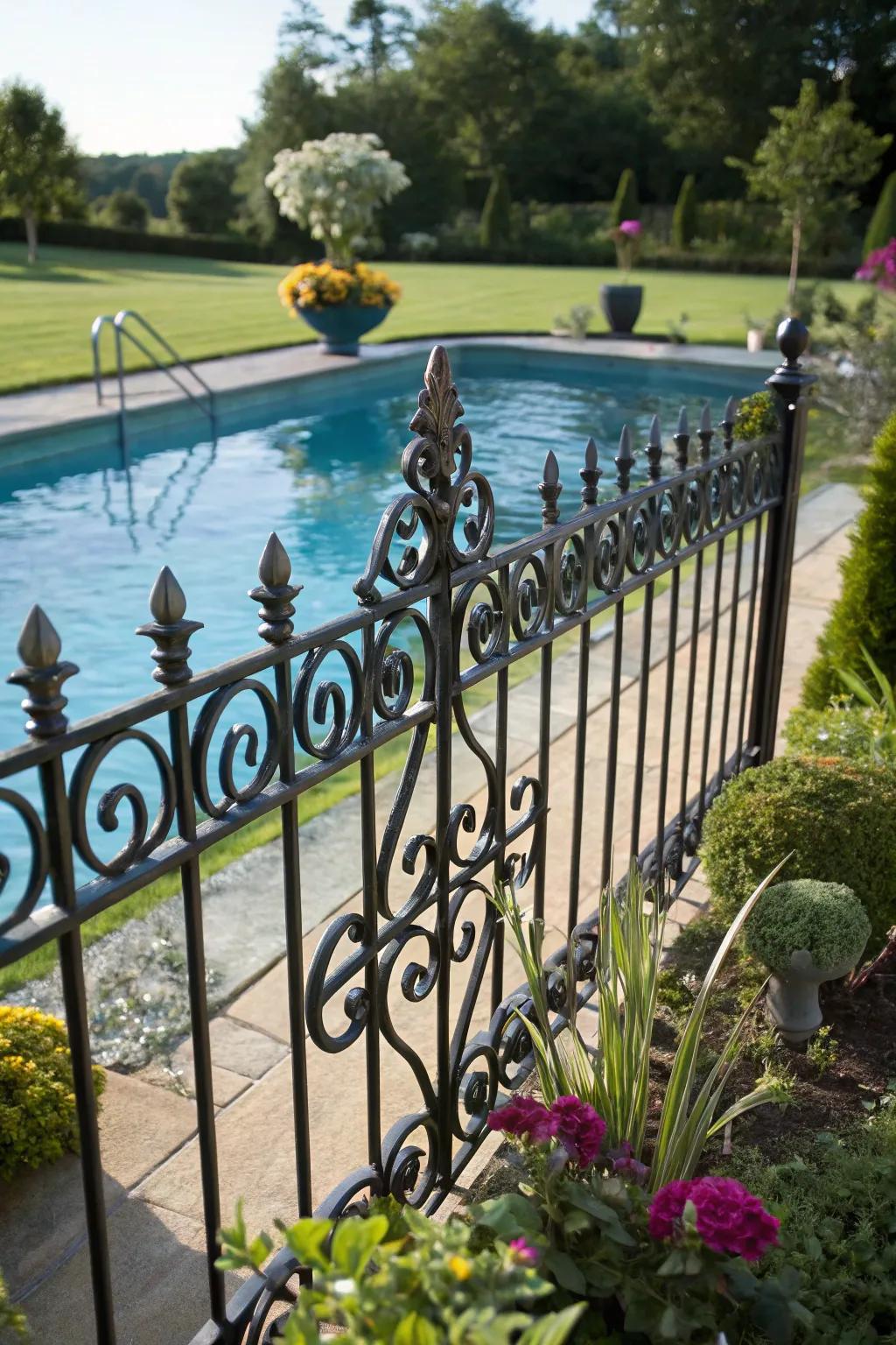 An elegant metal scrollwork barrier upgrading the beauty of the pool area.