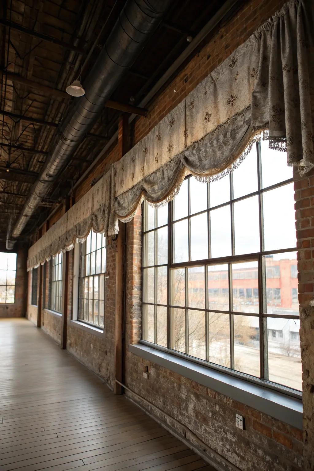 An industrial-chic area featuring a weathered metallic valance lending a rugged impression.