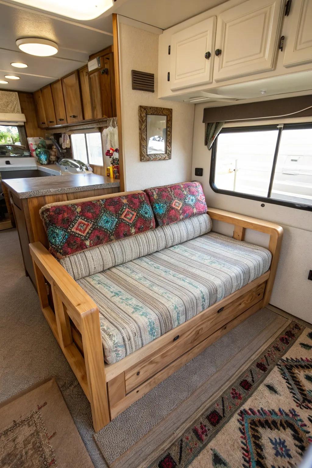 A custom DIY couch adds a personal touch to your RV.