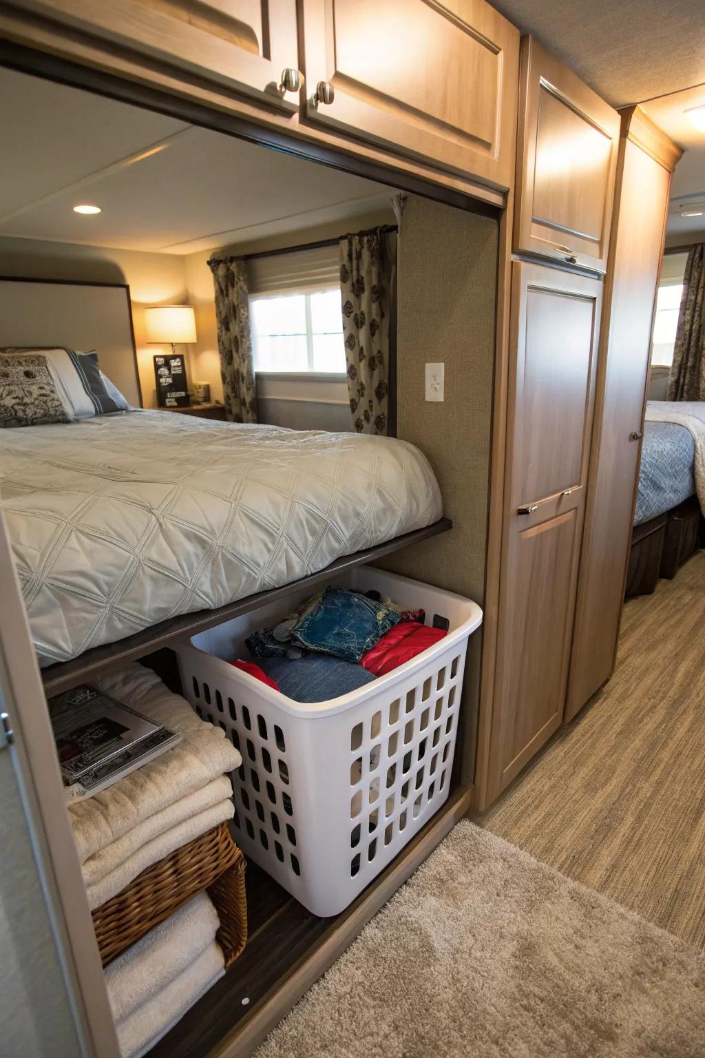 Efficient under-bed area used for laundry storage in an RV.