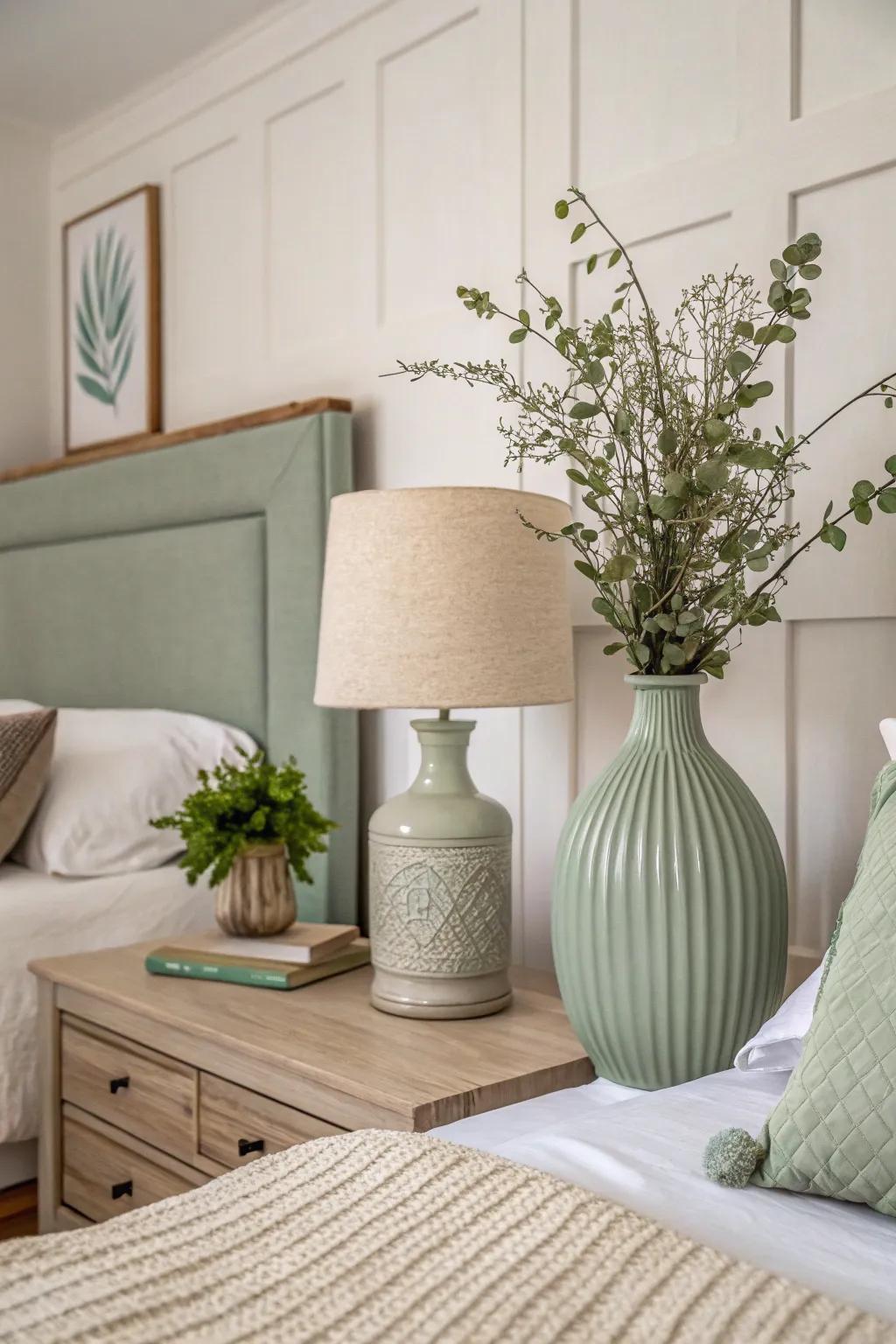 Understated sage green decor adds delicate refinement to a serene bedroom.