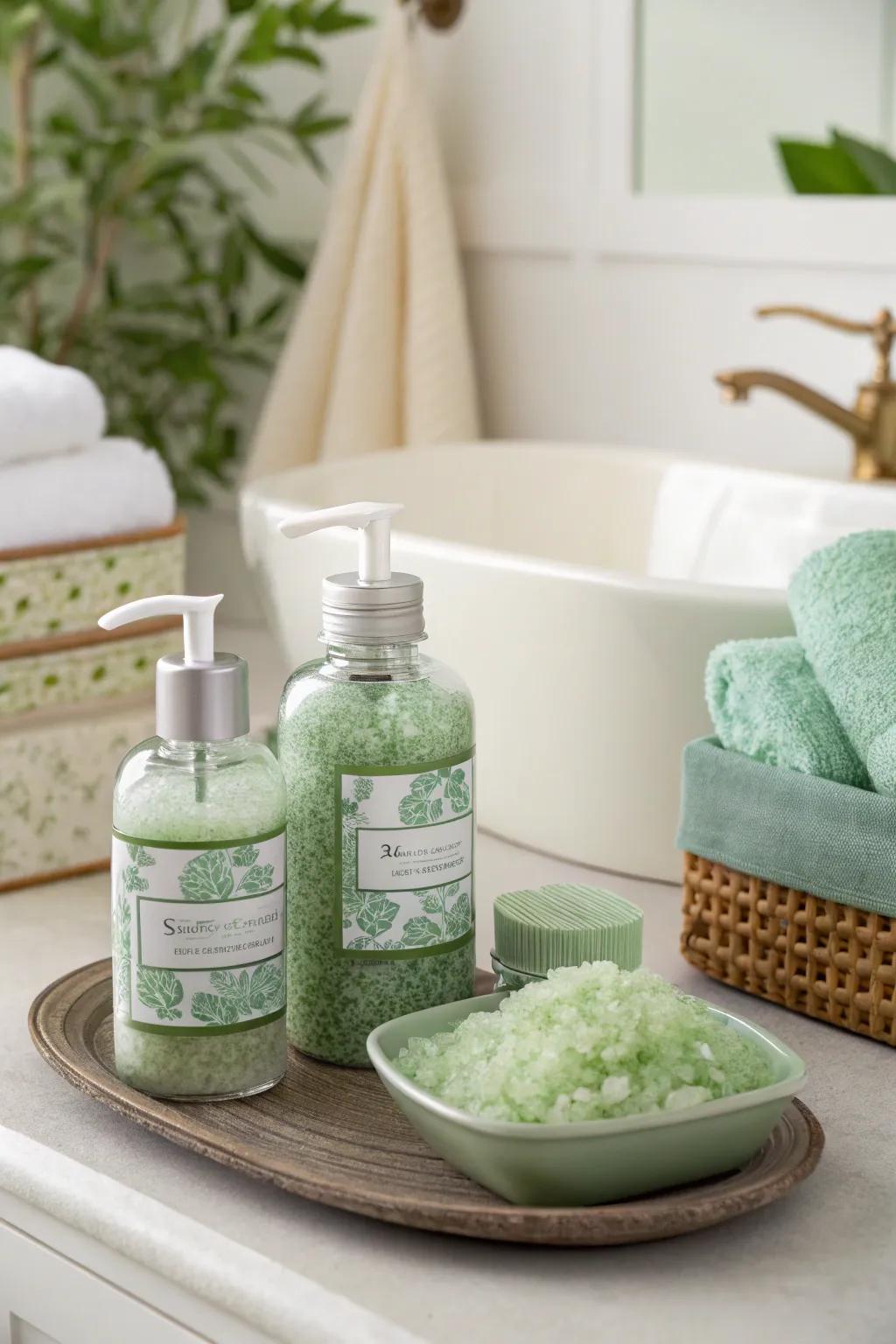 A sage green pamper kit transforms bath time into an opulent getaway.