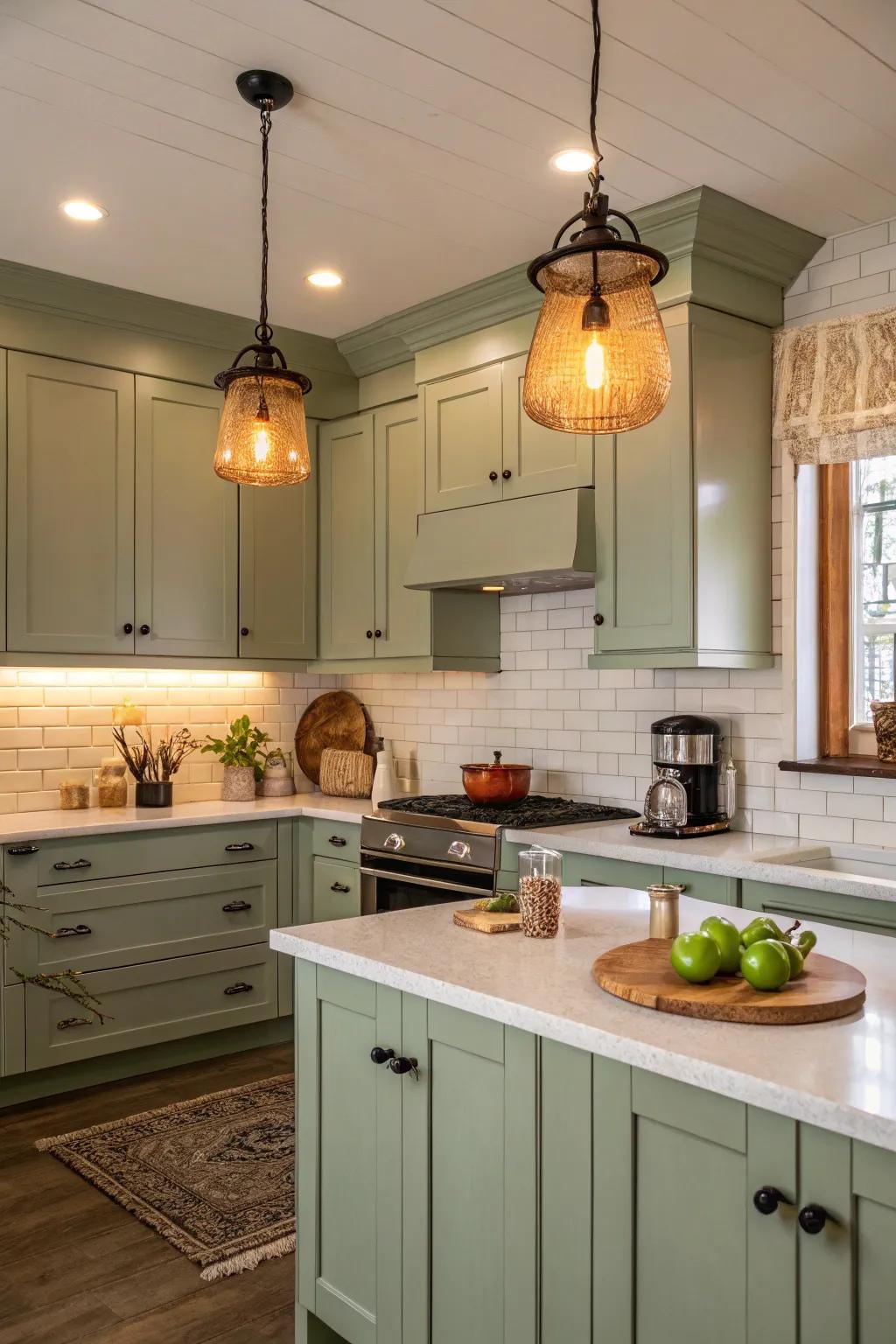 Gentle hanging lights spotlighting the green tea hues.