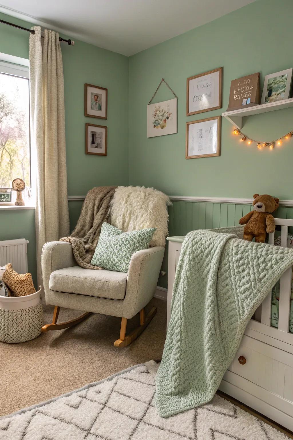 Cozy textiles in soft leaf green add warmth and comfort to the nursery.