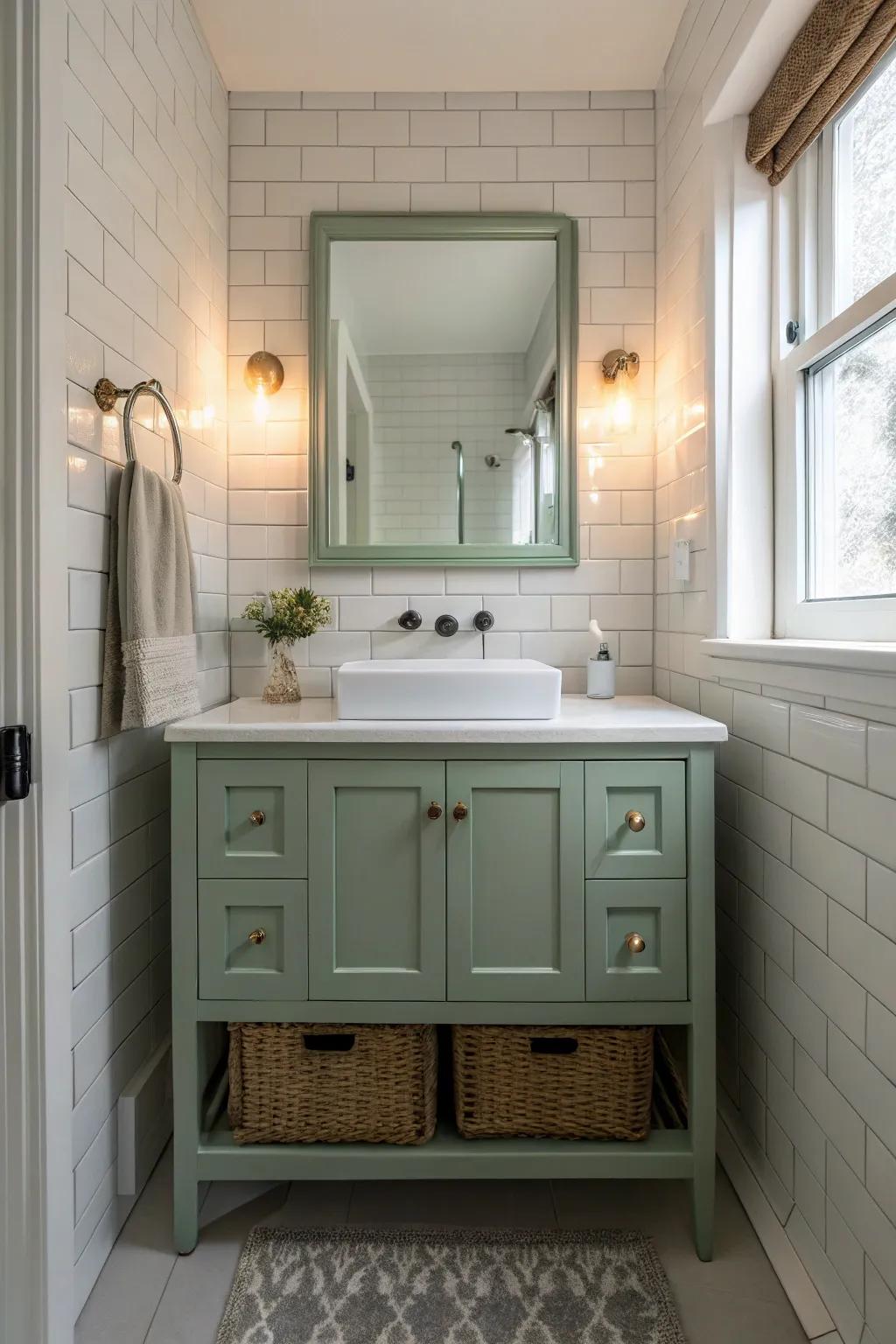 A small bath with a willow tint vanity, complimented by light-colored touches.