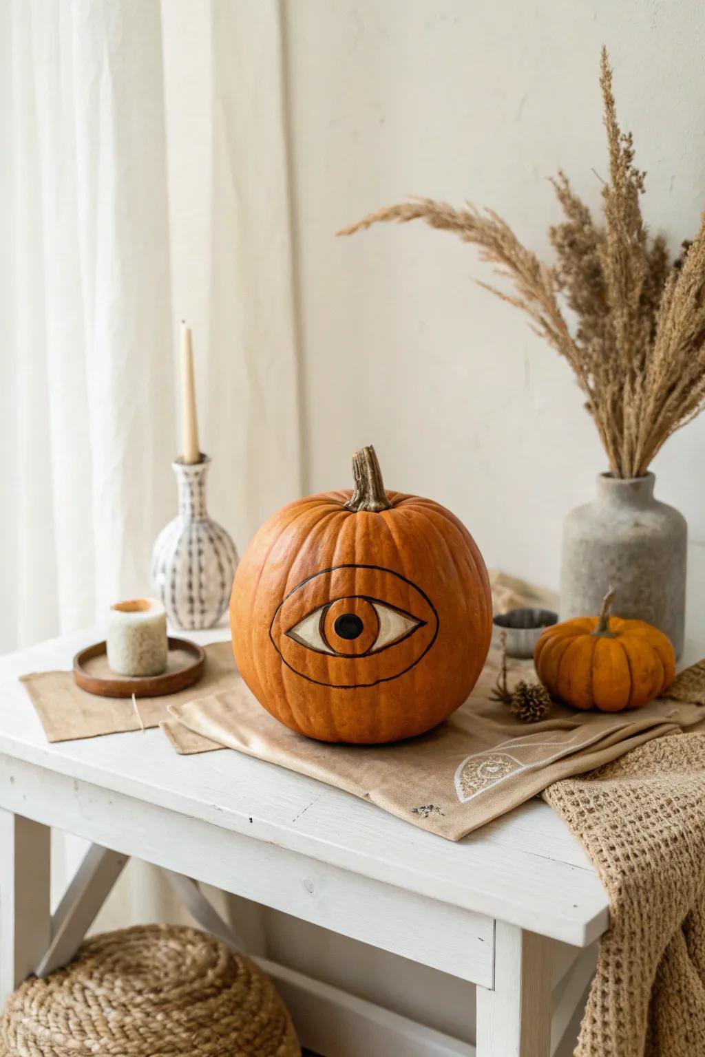 Delight in the mythical charm of the one-eyed giant with this minimalist pumpkin carving—perfect for introducing a dash of whimsy and beauty to your autumn decorations!