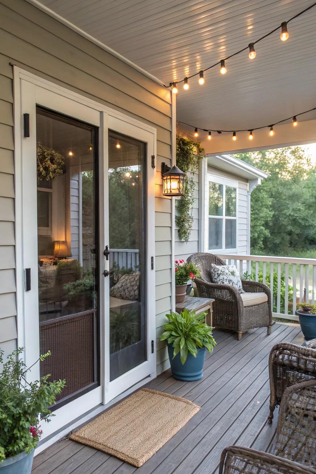 A screen door seamlessly integrates with this charming porch setting.