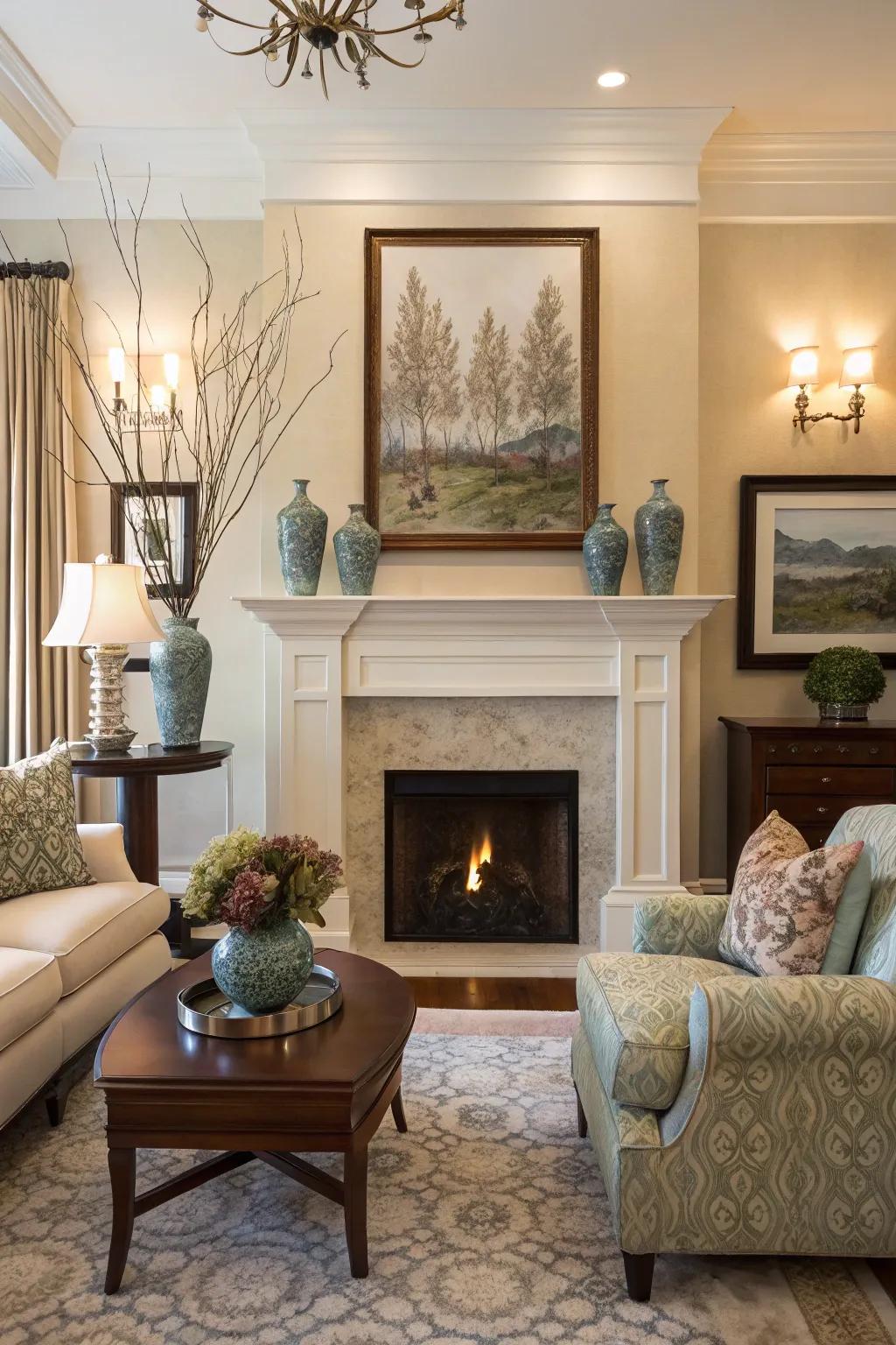Ornamental mantel accents elevate the aesthetic allure of the fireplace.