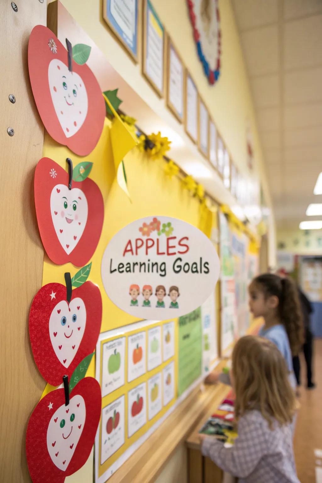 A learning-focused display board set in an apple orchard.