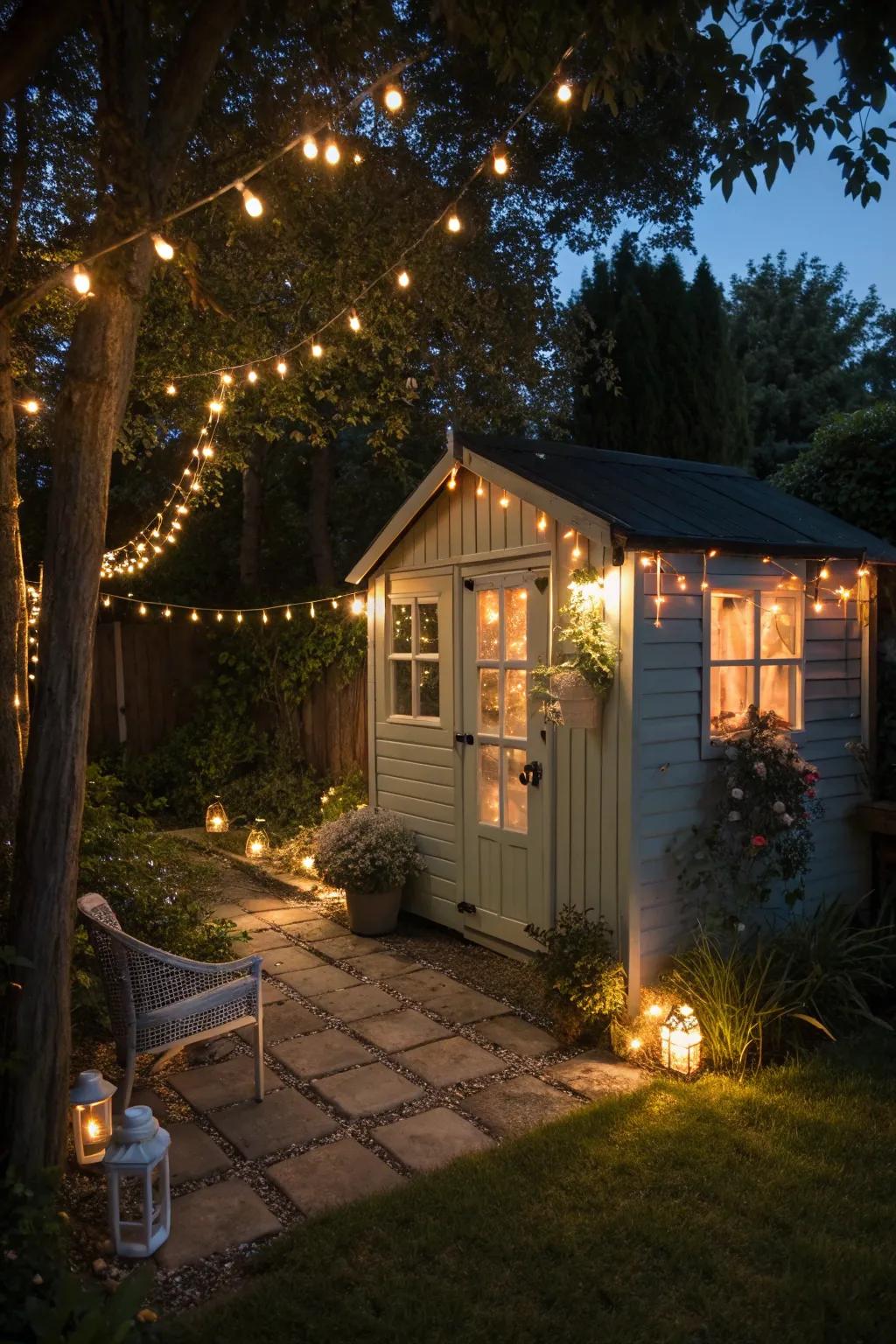 A garden shed beautifully lit with imaginative lighting, creating a magical ambiance.