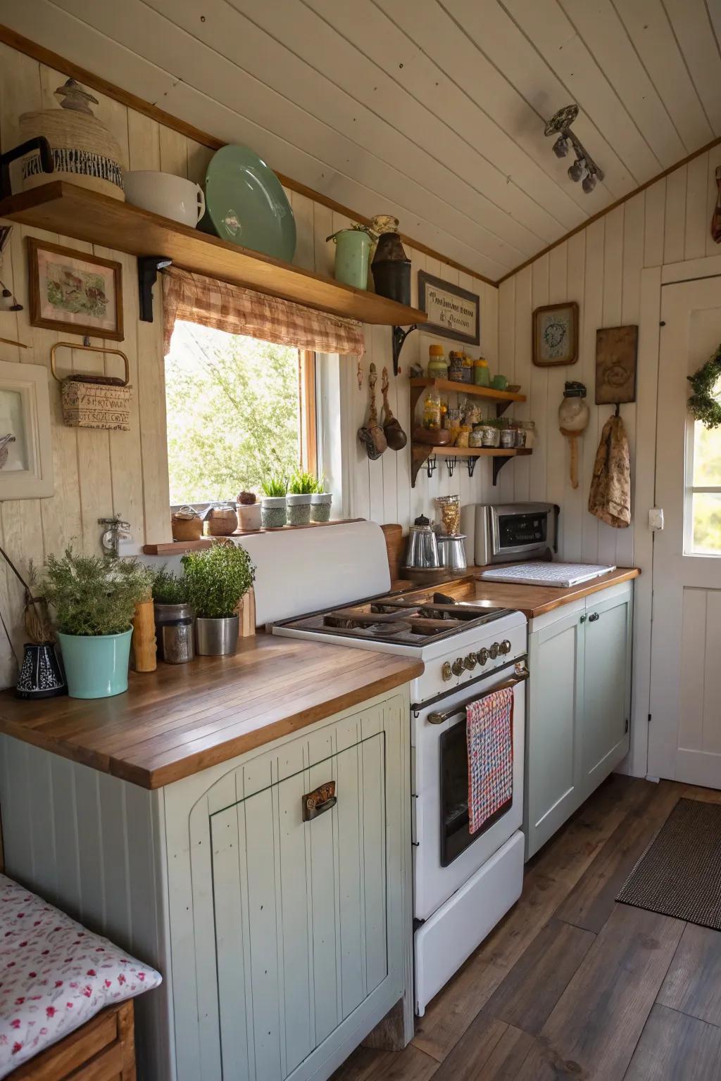 A compact shed home kitchen that includes classic design elements.