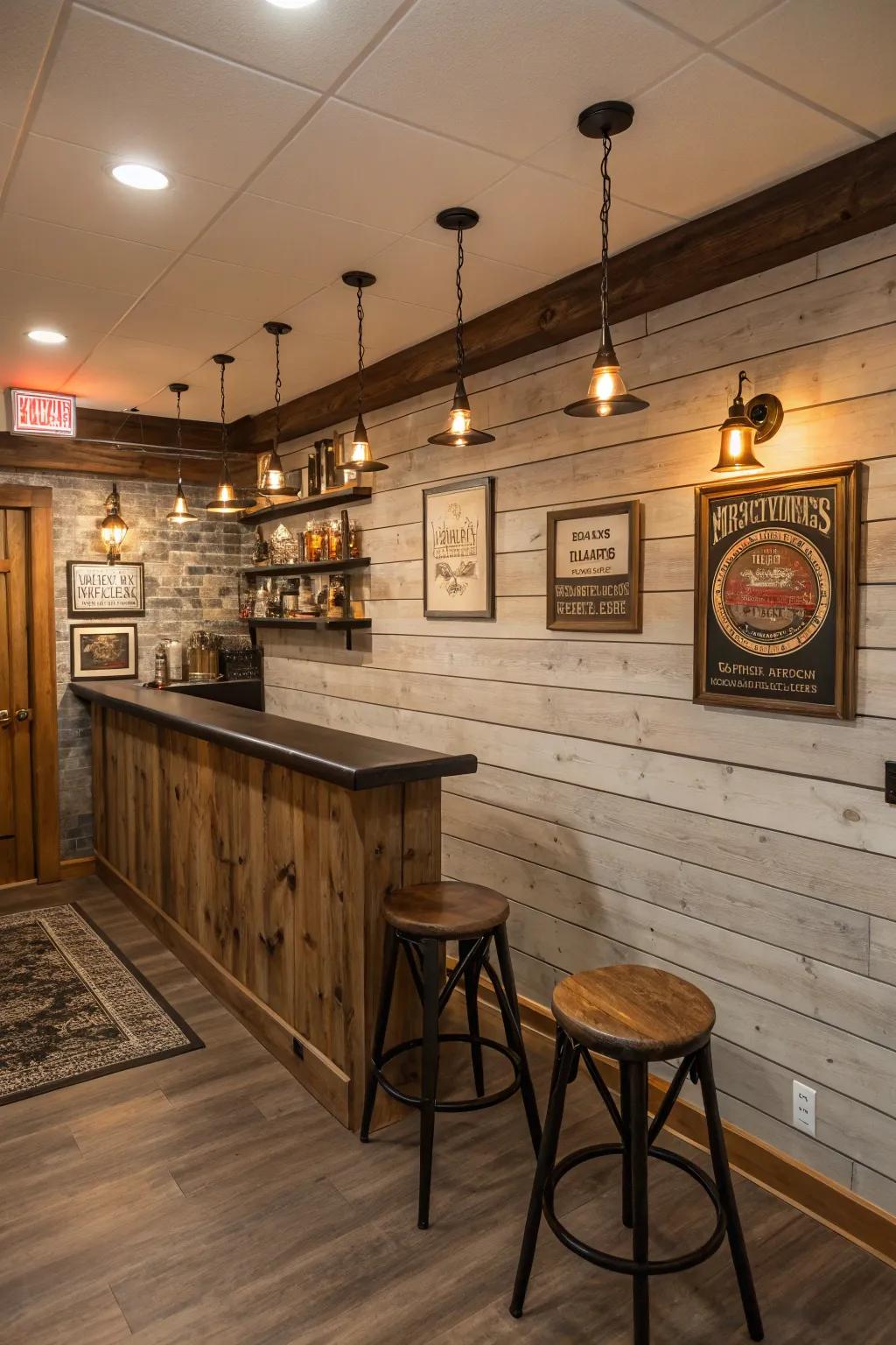 A countryside paneling bar spot inside the basement, suitable for amusement.