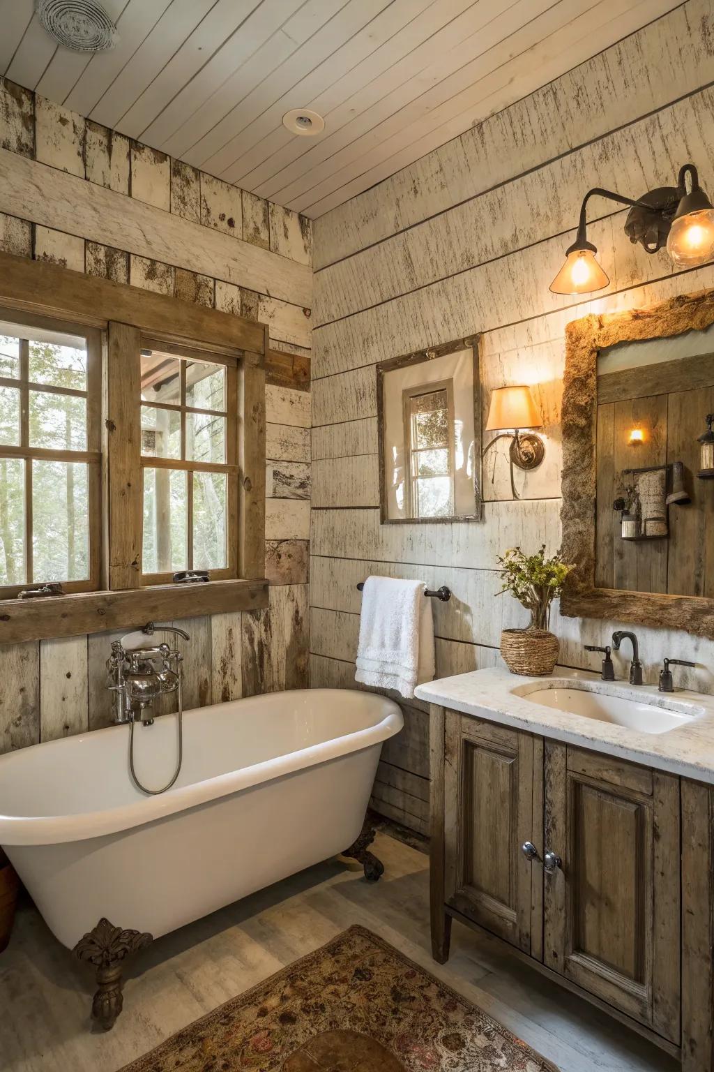 A bathroom featuring weathered plank-clad walls and vintage decor.