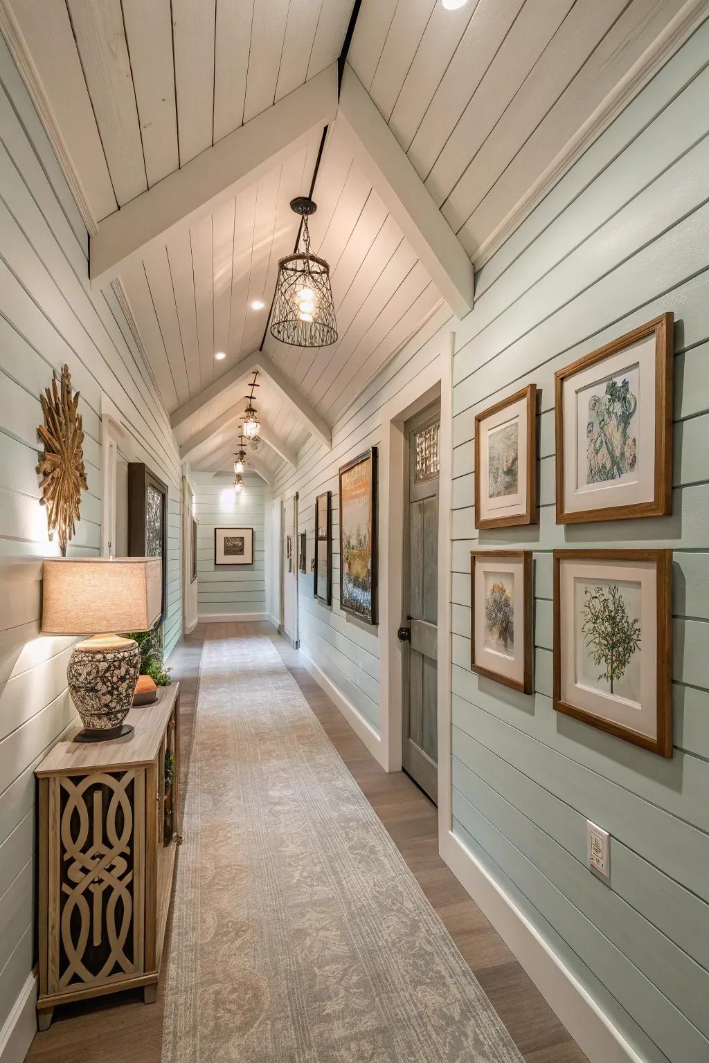 Unbroken continuity with shiplap cascading from ceiling to walls.