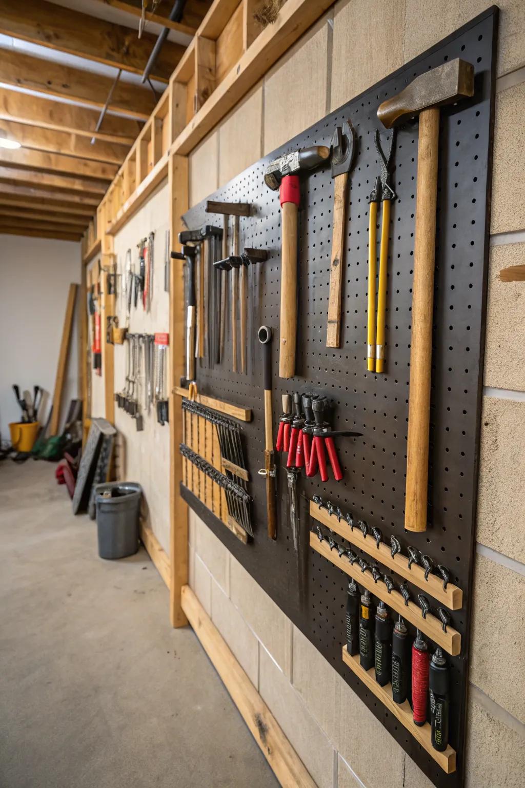 Unique apparatus hangers on a garage wall.
