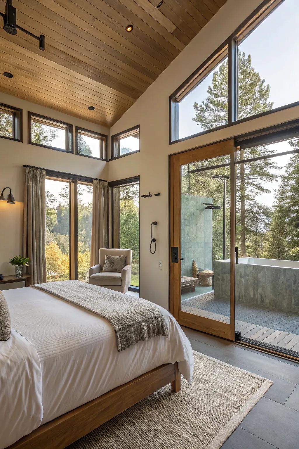 Natural light highlights the openness of the shower in the bedroom.