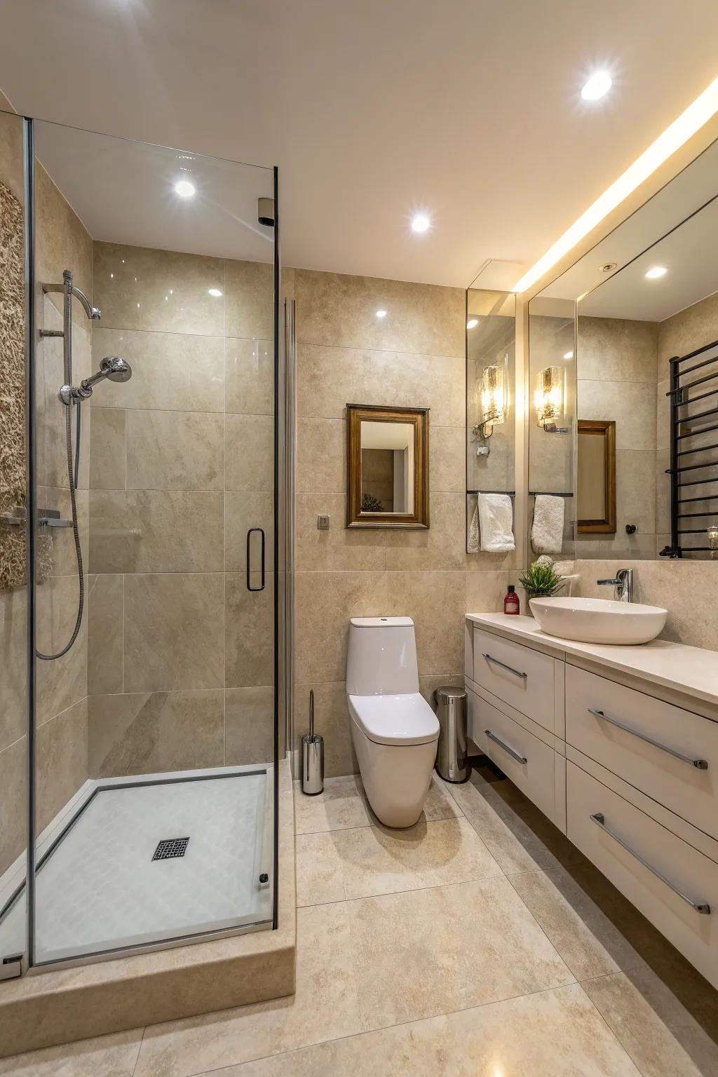 Neutral shades amplify light and space, ideal for compact bathrooms.