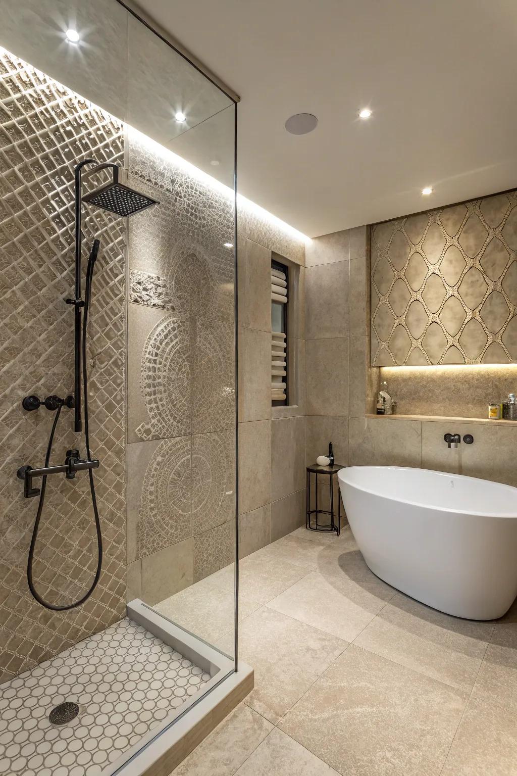 A luxurious shower room featuring textured tiles for added depth.