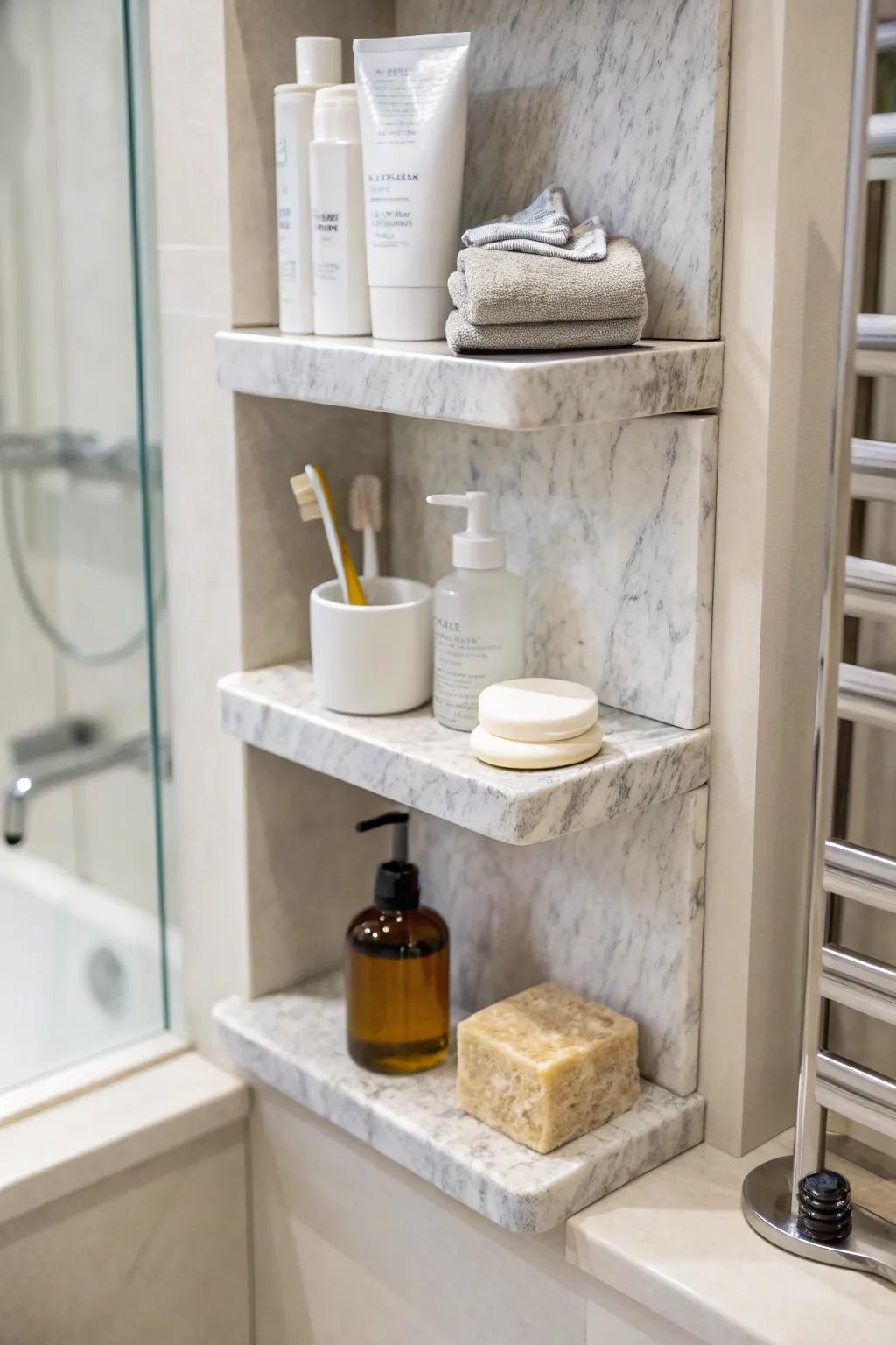 Corner shelves provide efficient use of space in smaller showers.