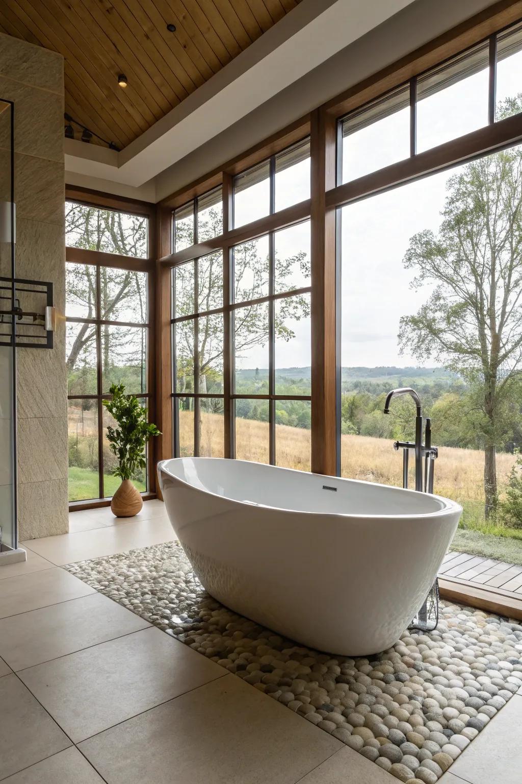 A striking bathtub establishes the bathroom’s overall style.