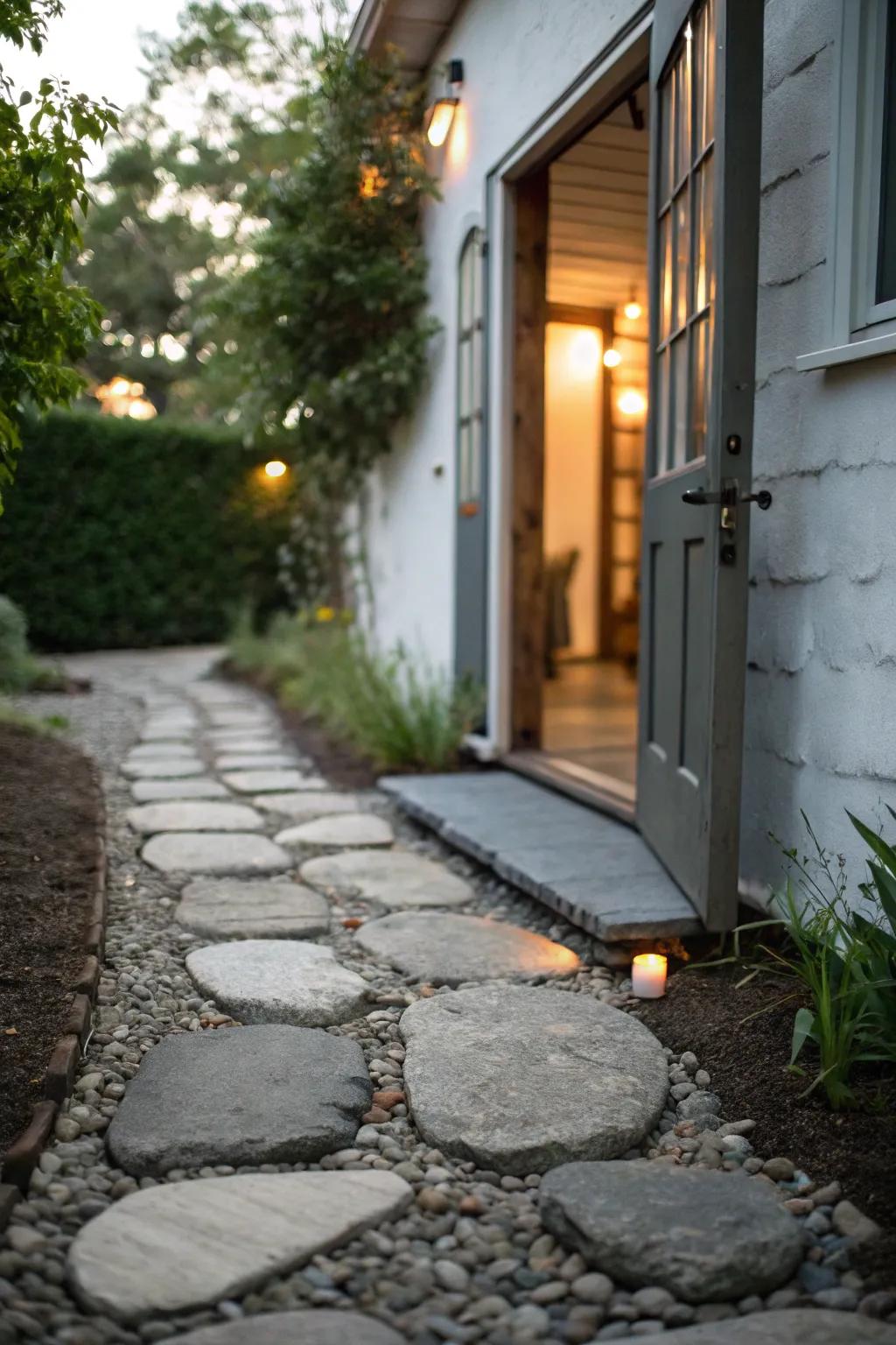 A charming stone pathway guiding to a side entrance.