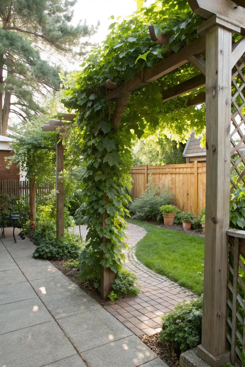 Trellises introduce height and verdure without occupying ground space.