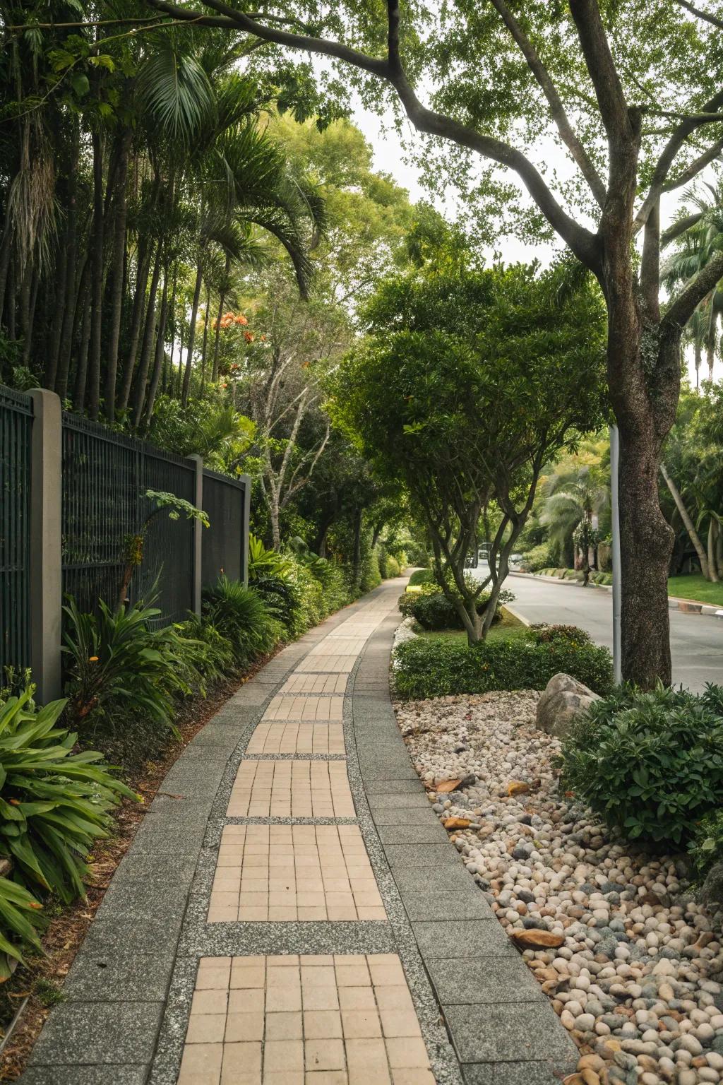 Varied materials compose a visually stimulating sidewalk.