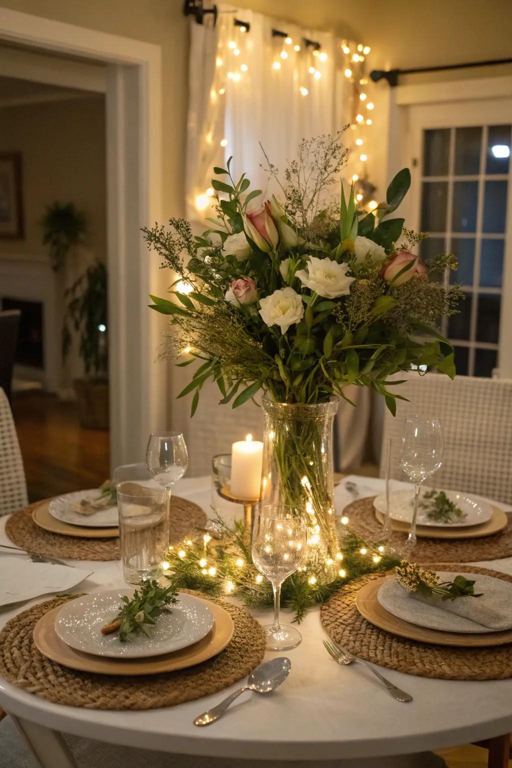 Fairy lights enhance this endearing centerpiece with a hint of magic.