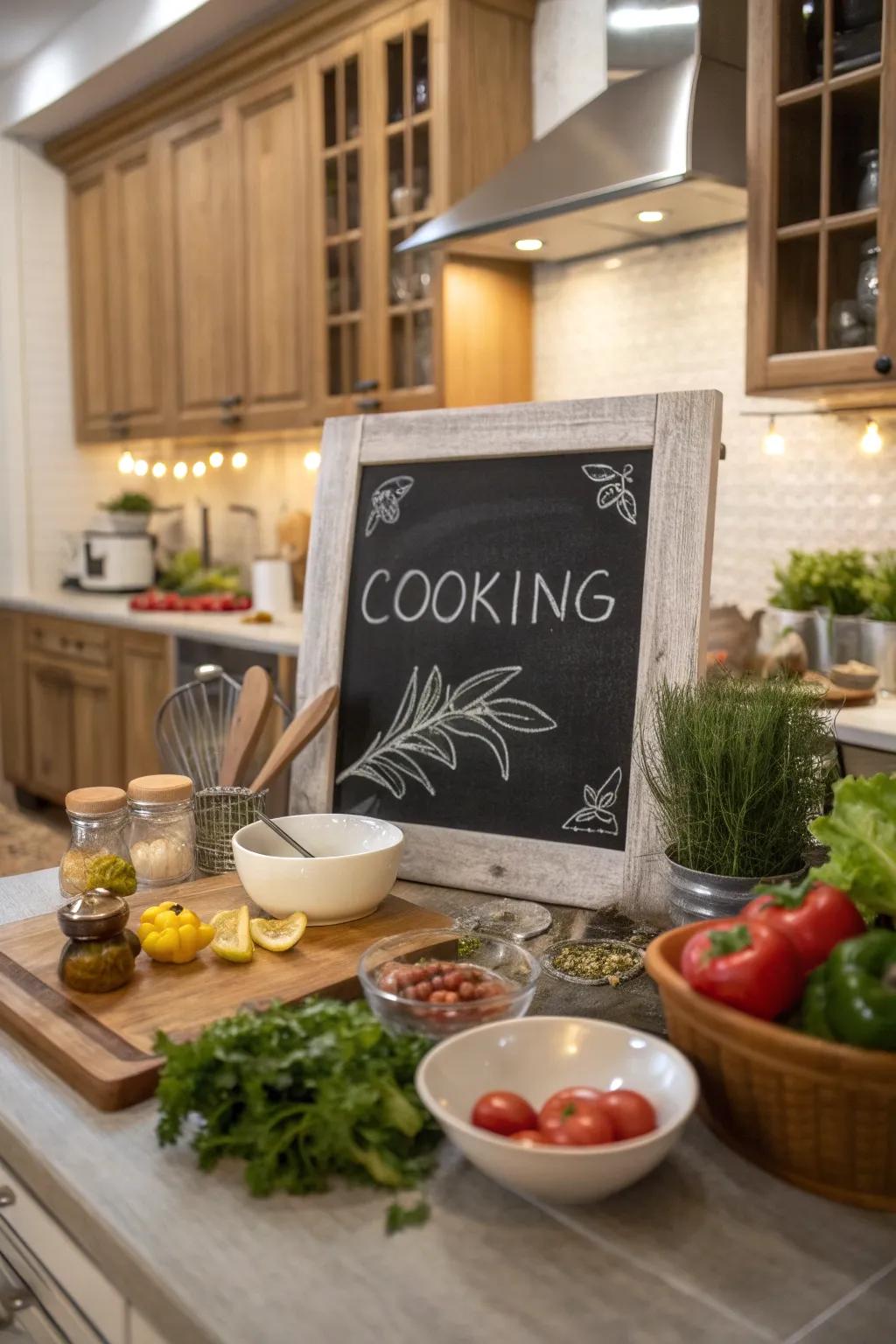 A kitchen chalkboard featuring a quote that celebrates the joy of cooking with affection.