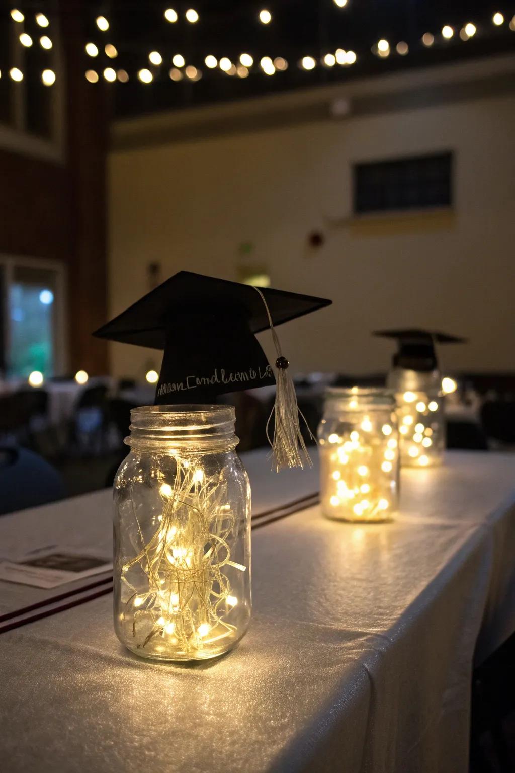 Illuminated jars adding a warm glow to the celebration.