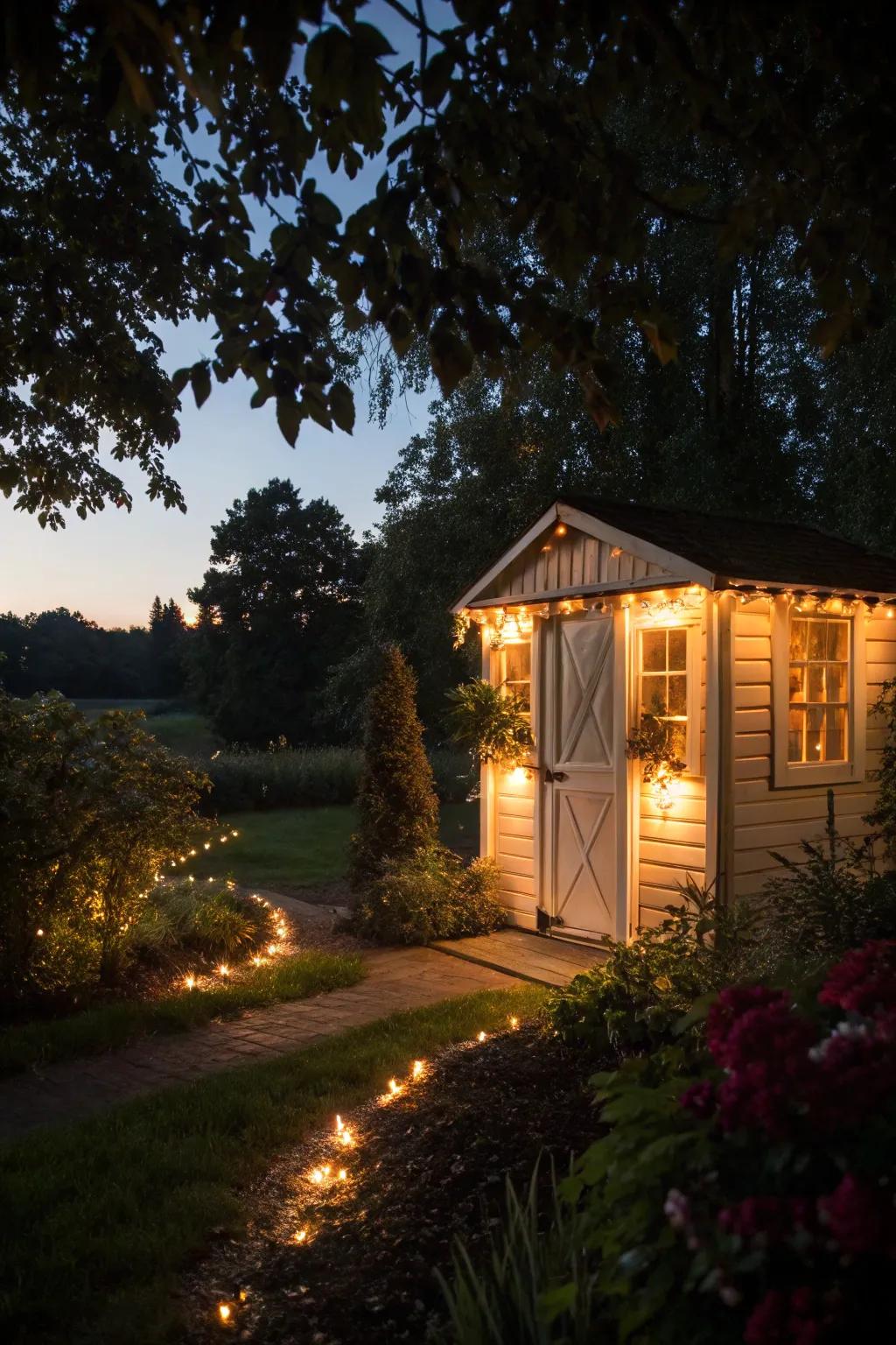Decorative lighting has the capability to revolutionize your shed into a captivating nighttime highlight.