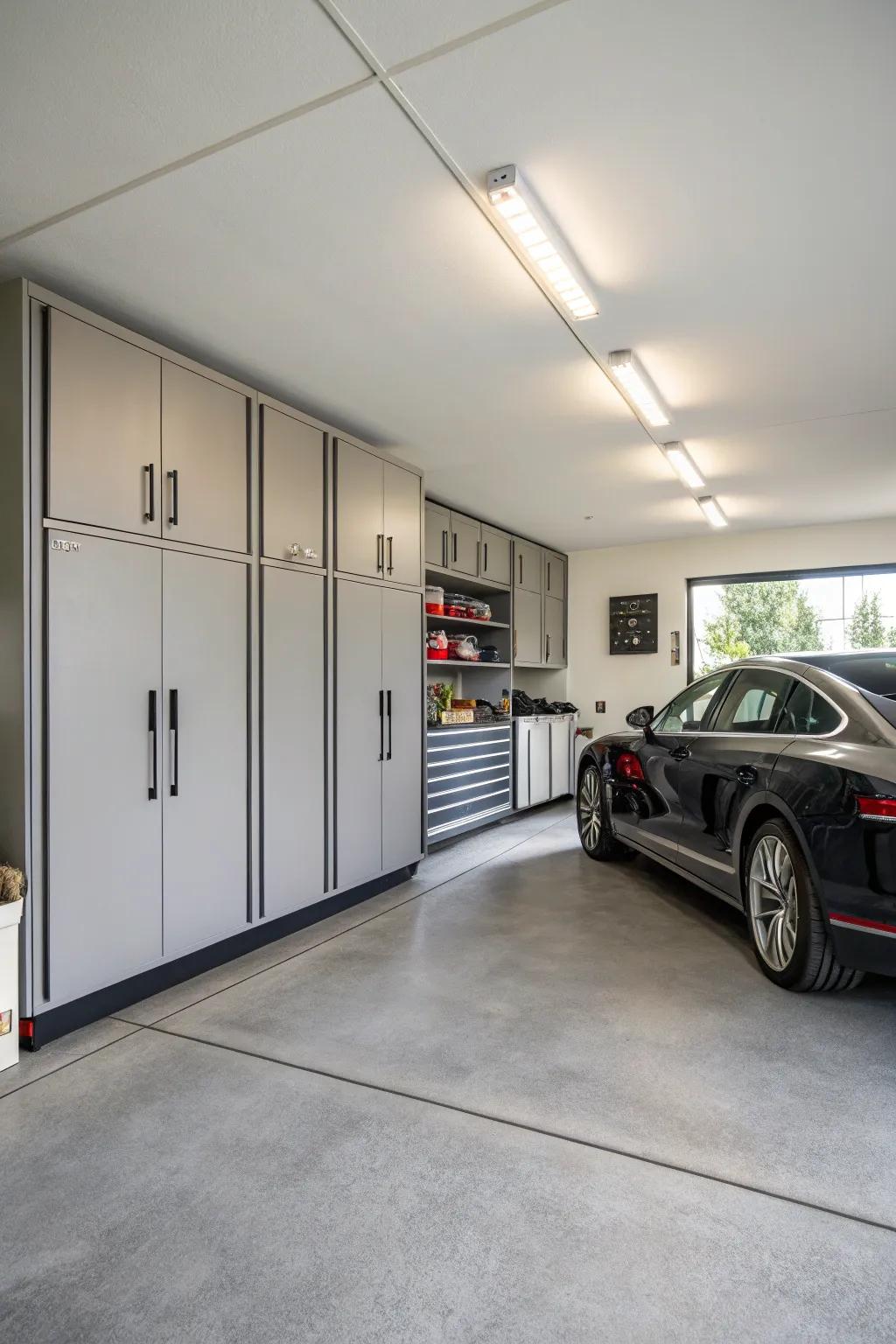 For a neat garage visual, cabinets offer concealed storage.