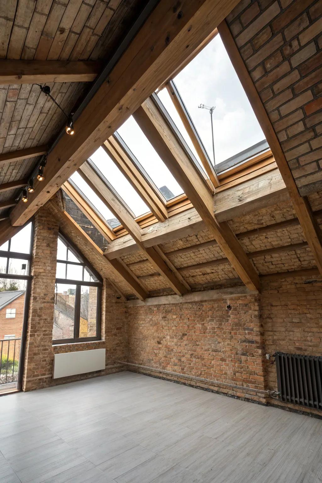 A stylish loft featuring a skylight with an artfully angled trim.