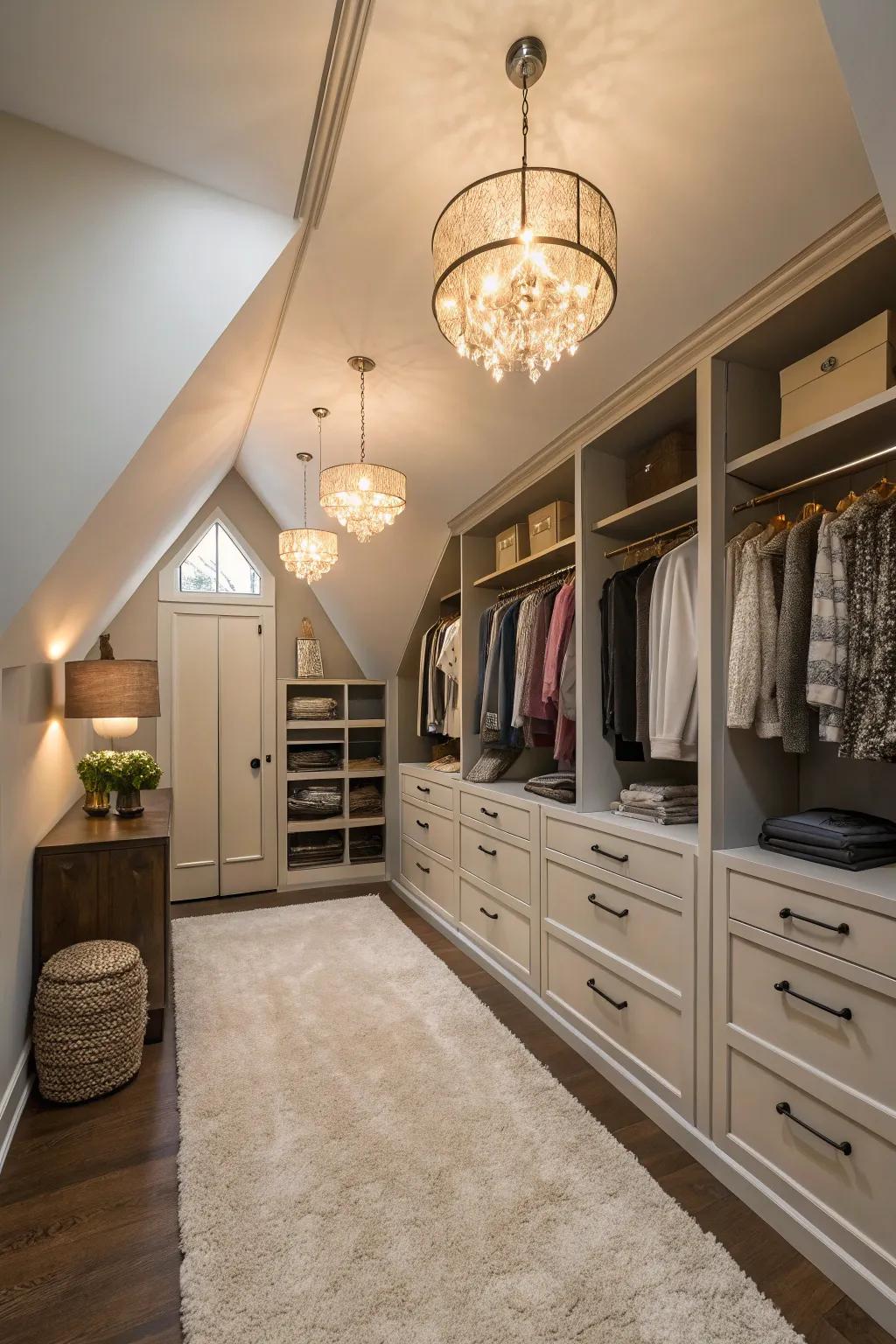 Decorative touches such as rugs and lights make your closet feel welcoming and chic.