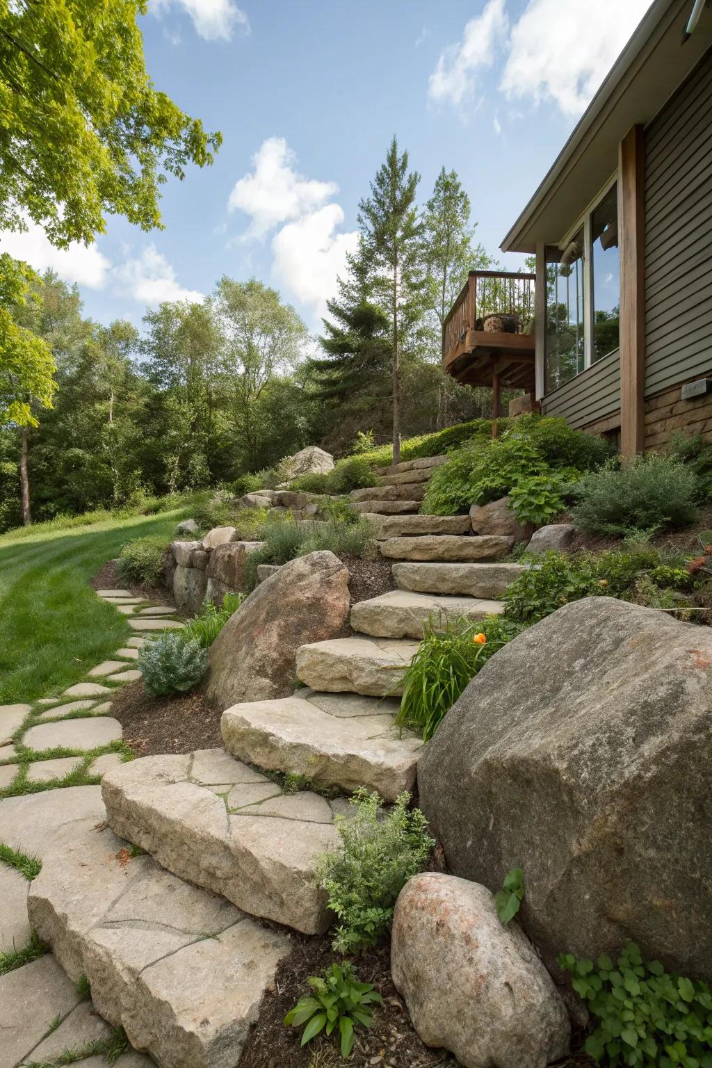 Native stone accents impart rustic charm to a sloped garden.
