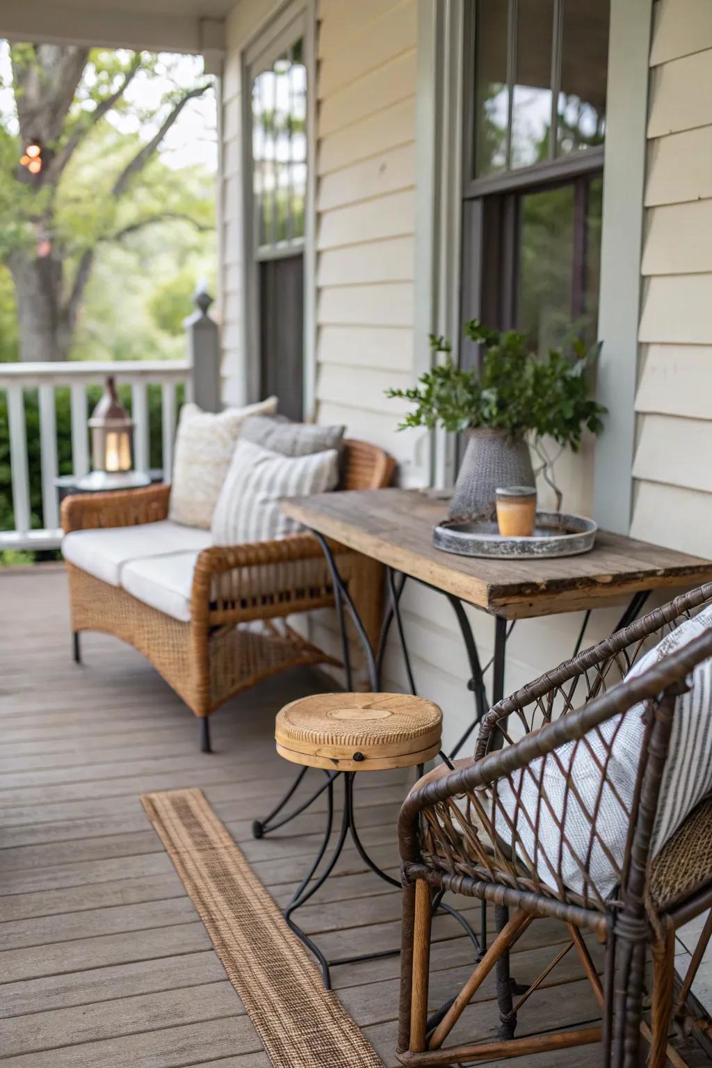 A combination of textures adds depth and interest to a small back porch.