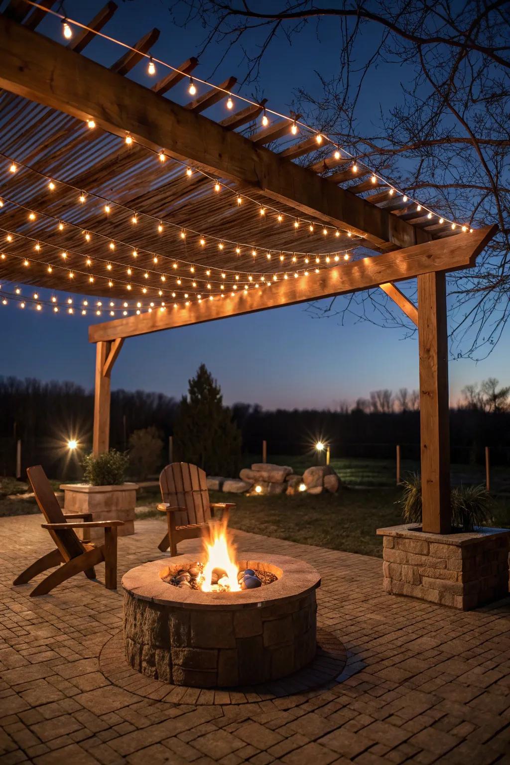 A pergola with fairy lights improves the hearth area with a magical ambiance.