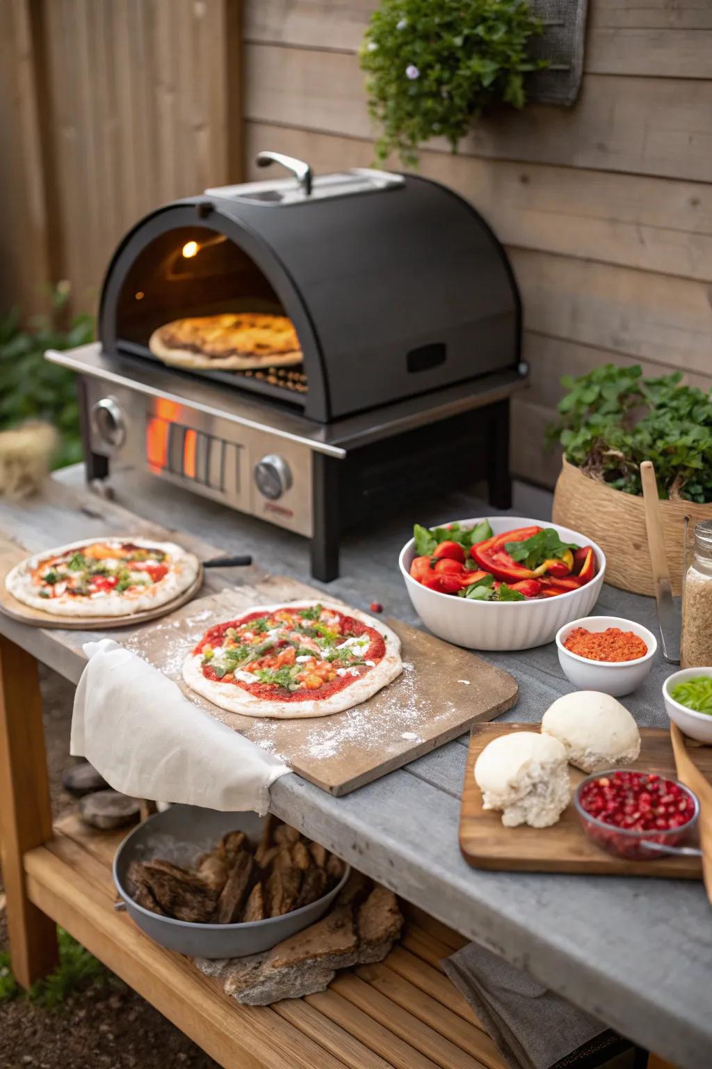 DIY pizza-making station with a selection of toppings