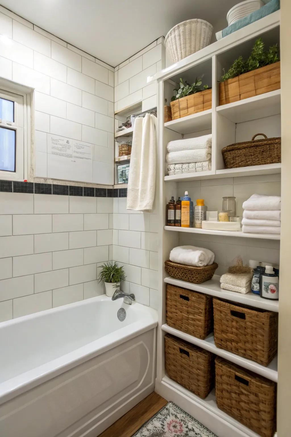 In a small bathroom, built-in shelving offers useful storage.