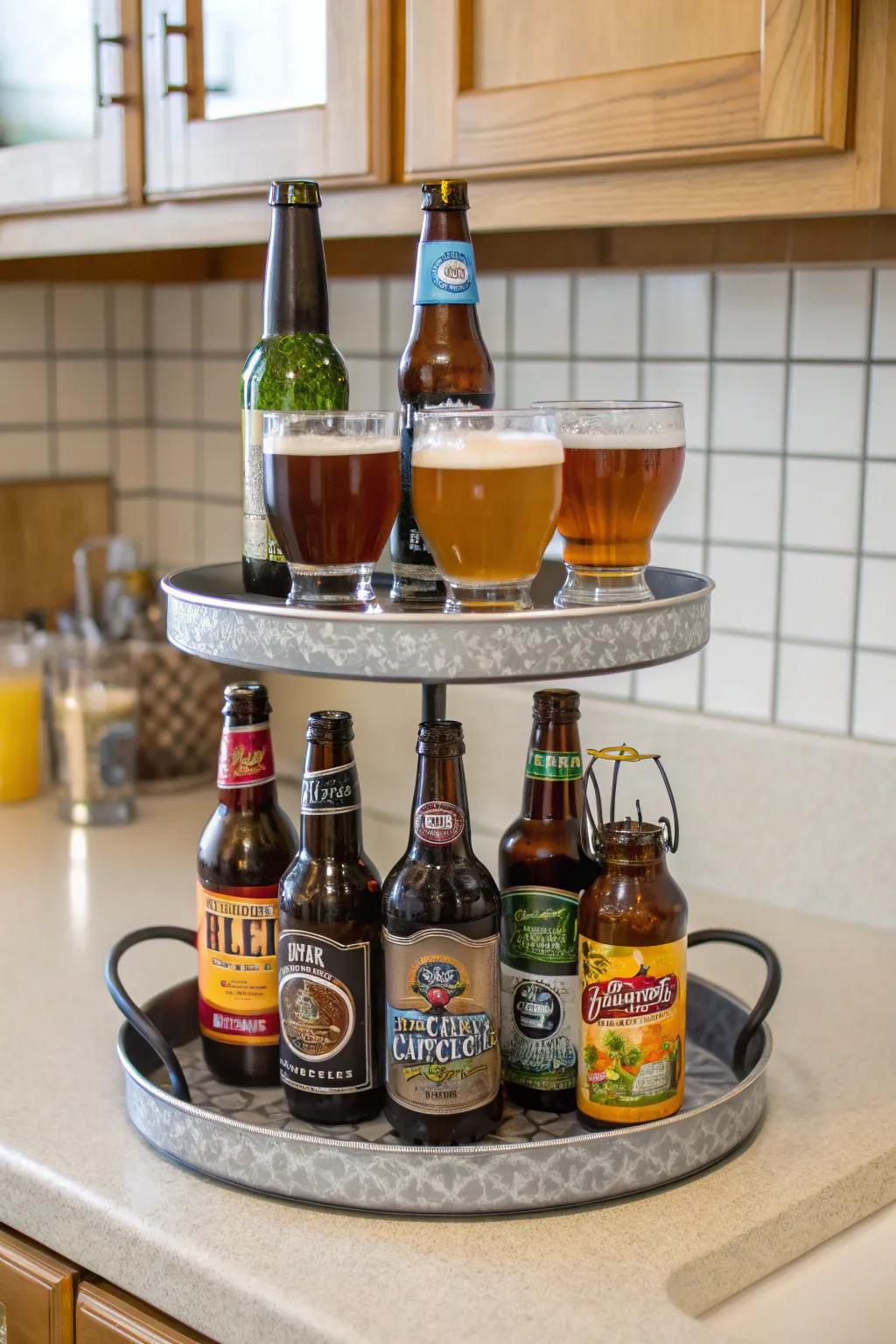 Tiered tray beer display adding height and interest.