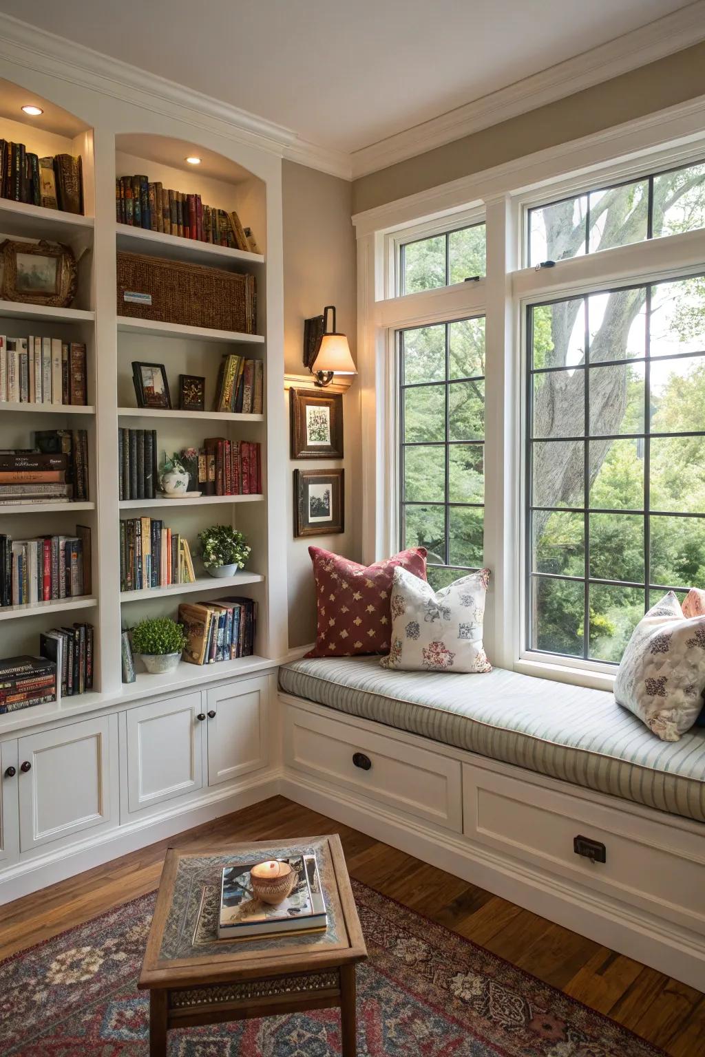 Merge seating and storage for a snug perusing nook.