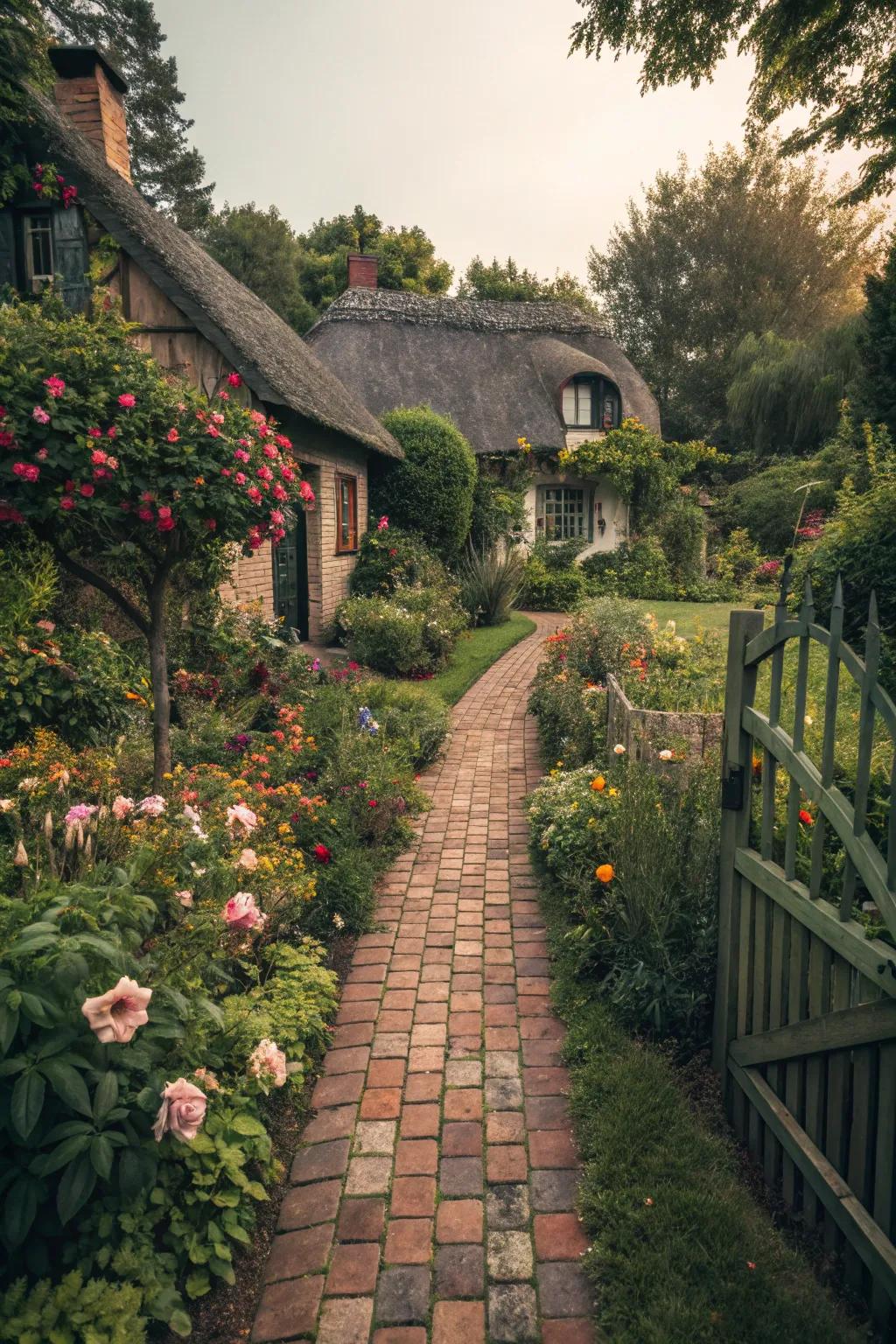 A lovely brick pathway leading to a welcoming cottage.